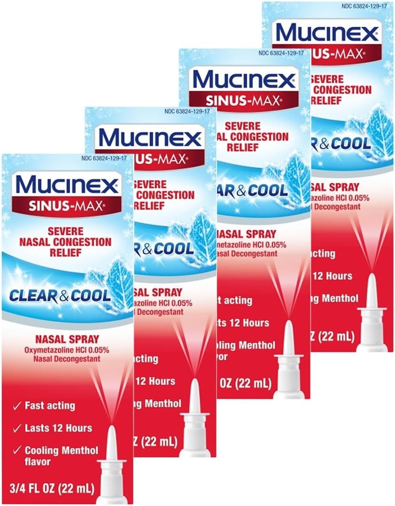Mucinex Nasal Descongestionant Spray, Sinus-Max Nasal Severe Congestion Relief Clear & Cool Nasal Spray, Dura 12 horas, Atuação rápida, Refrigeração sabor mentol, Embalagem de maio Vary, 0,75 Fl Oz (Pacote de 4)