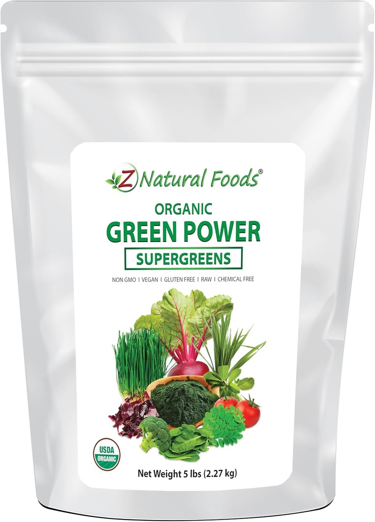Z Alimentos Naturais Verdes Orgânicos Superalimento em pó - Grama de cevada, Trigo, espirulina, Espinafre, Brócolis, Alfalfa Folha, Raiz de beterraba, Tomate, Dulse & Moringa - Raw Vegan Gluten Free - 5lbs