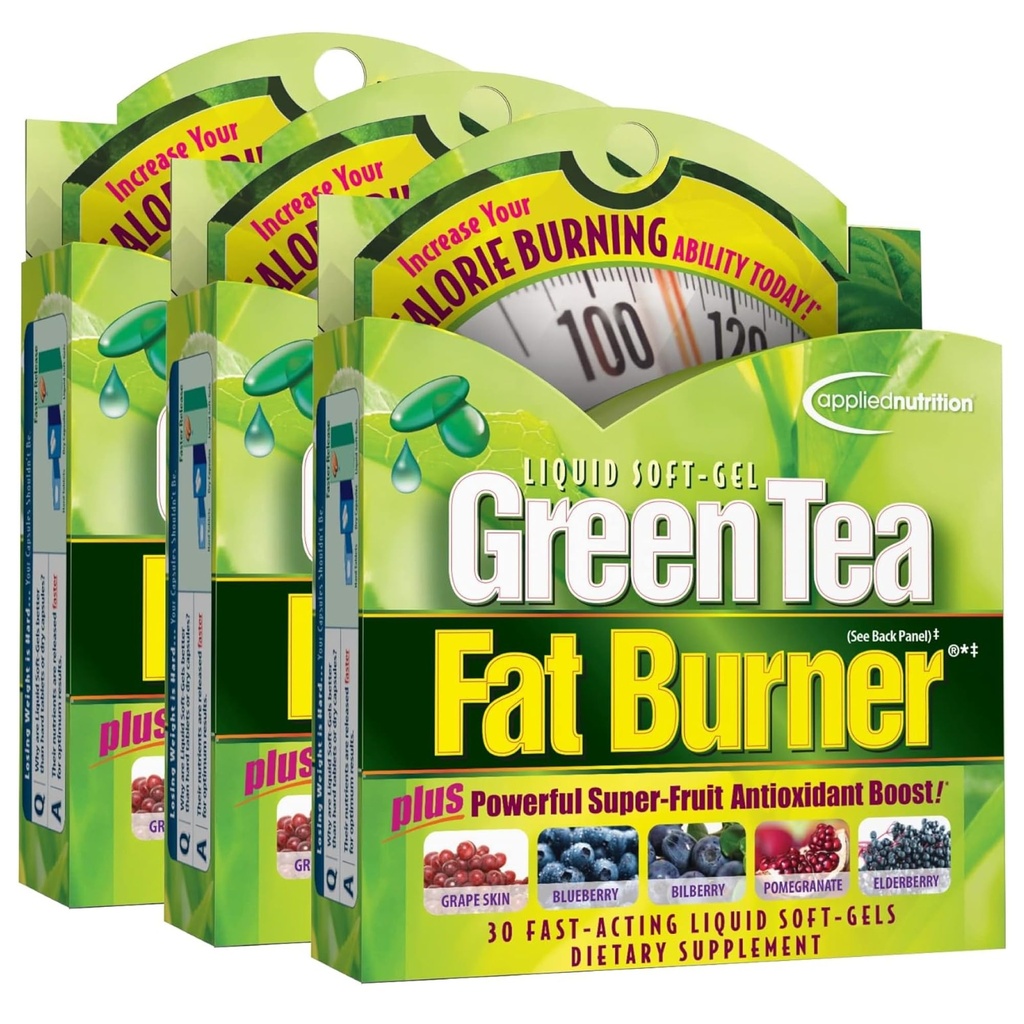 Nutrição aplicada Queimador de gordura de chá verde - 30 Gênovas líquidas, pacote de 3 - aumenta a queima de calorias e suprimentos Poderosos antioxidantes - 45 Total de serviços