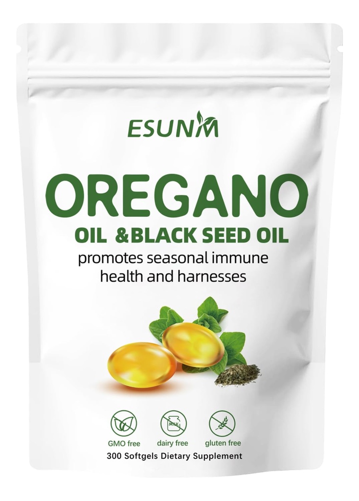 Orégano Softgels, óleo de orégano com óleo de semente preta promove saúde imune sazonal e Harnesses, Orégano Oil Supplement Cápsulas, Não-GMO, Gluten Free, 300 cápsulas de Softgel Suplemento dietético