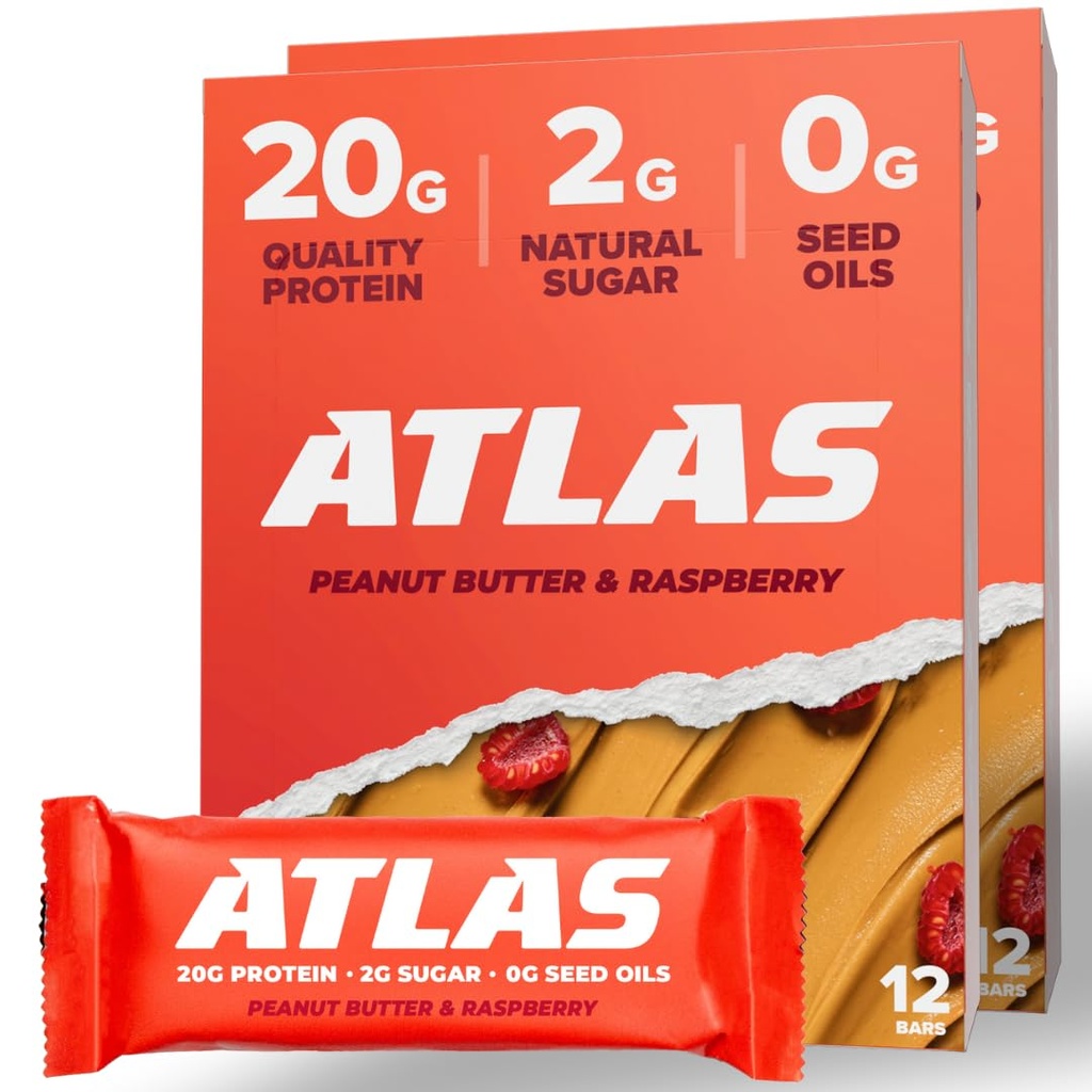 Atlas Protein Bar, 20g Protein, 1g Açúcar, Ingredientes Limpos, Sem Glúten (framboesa de manteiga de amendoim, 12 Count (Pack of 2))