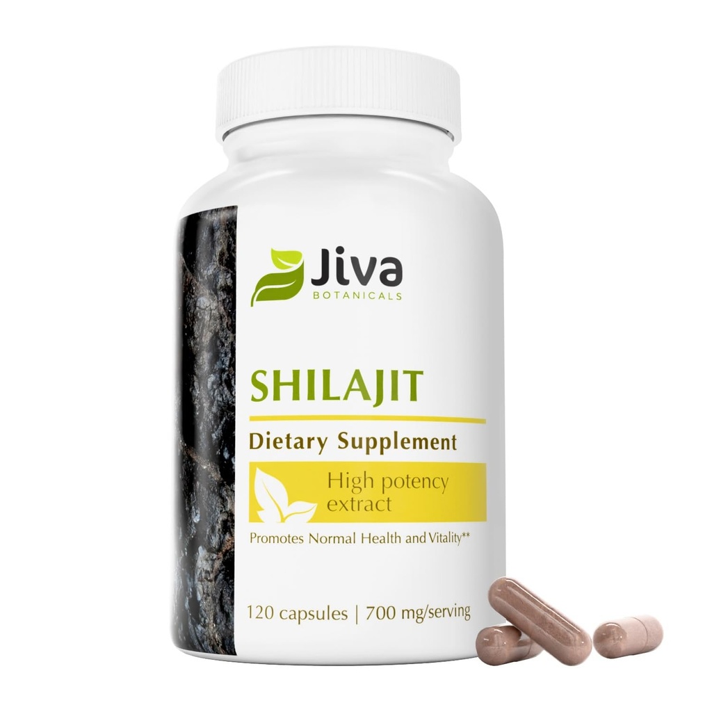 Jiva Botanicals Premium Shilajit Suplemento 700 mg - Shilajit Cápsulas Extrair com Minerals, Fulvic/Ácido Húmico para Suporte Imune e Saúde Digestiva Nomal - 120 Cápsula Vegan (Pacote de 1)