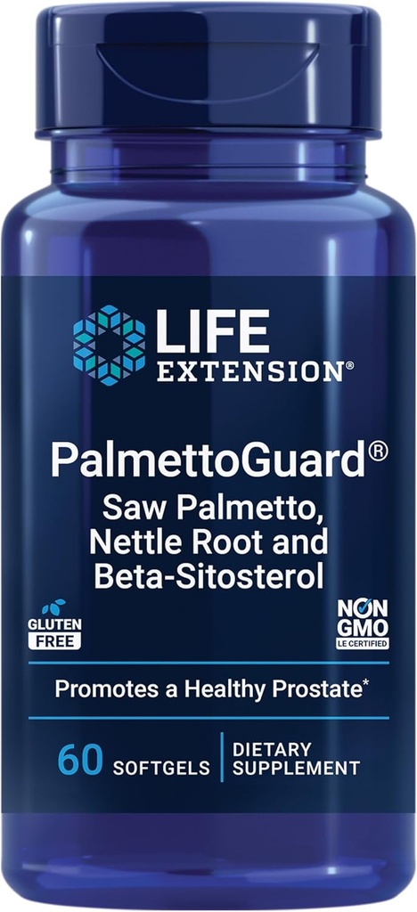 Extensão de vida PalmettoGuard® Saw Palmetto, Raiz de Nettle e Beta-Sitosterol, Suporta Função de Próstata Saudável & Metabolismo de Hormônio, 160 mg de Palmetto Serra para Homens, Sem Glúten, Não-GMO, 60 softgels