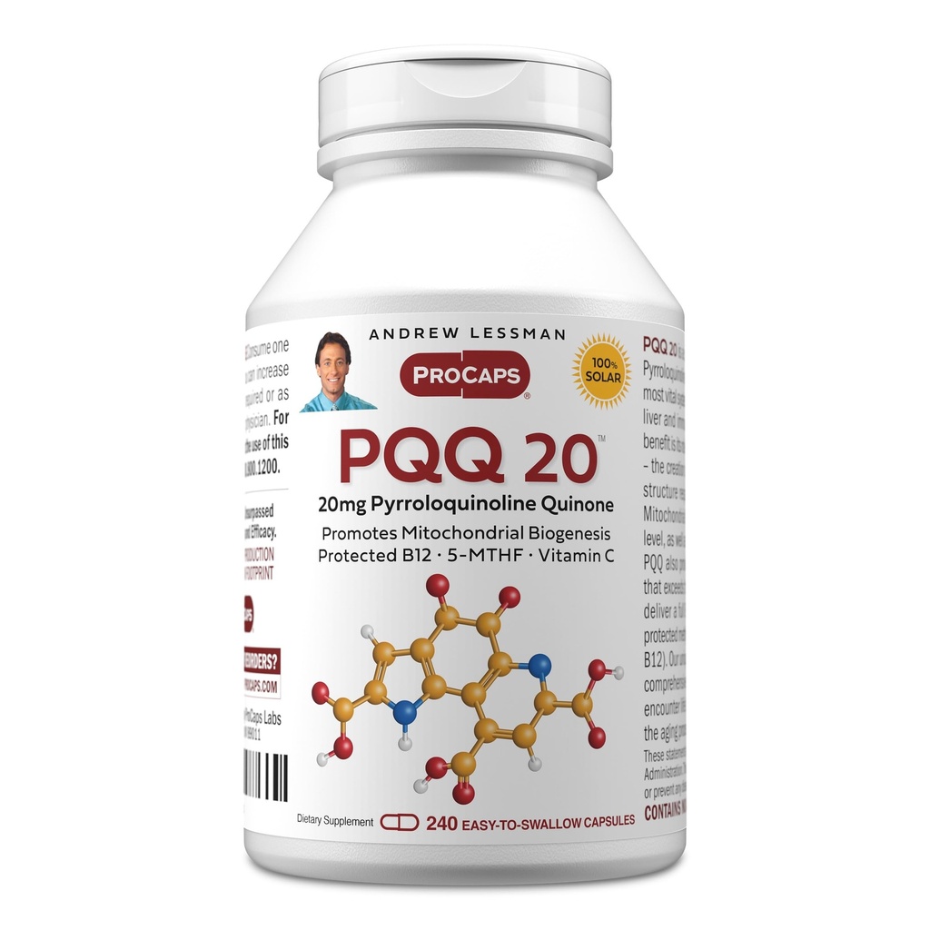 ANDREW LESSMAN PQQ 20mg - 240 Cápsulas - 20mg Pirroloquinolina Quinone, Natural Protective Compound Suporta Órgãos Vitais, Coração, Cérebro, Fígado, Sistema Imune. Biogênese mitocondrial, sem aditivos