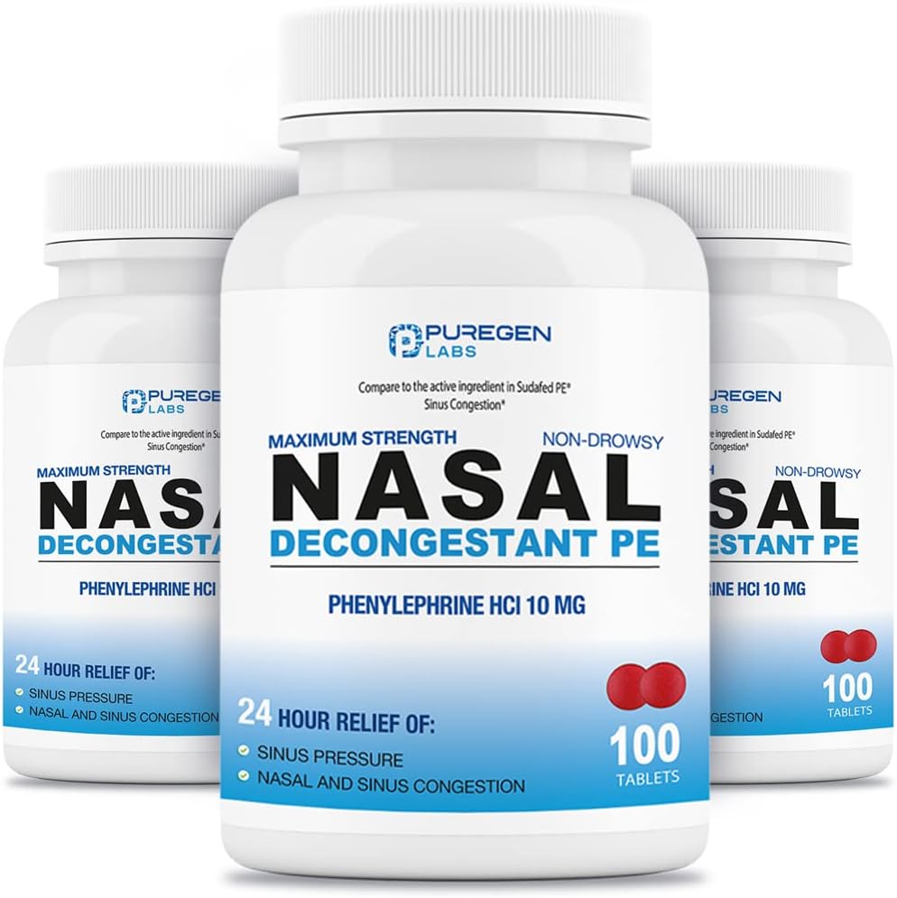 Puregen Labs Nasal Descongestionant PE 3 Pack - 300 Comprimidos Total □ Phenylephrine HCl 10 mg □ Força Máxima