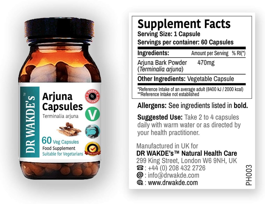 Cápsulas de Arjuna de DR WAKDE (Terminalia arjuna) 60 Veg Caps □ Suplemento Ayurvedic □ Vegan 100% Herbal
