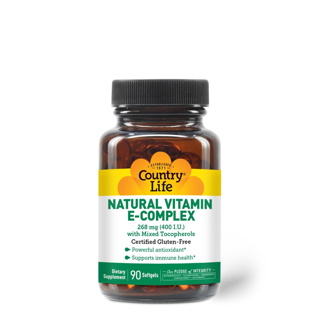 Vida do país Vitamina E-Complex 400 UI – Tocoferóis naturais mistos – Apoio antioxidante e imunológico – Promove a saúde da pele e luta estresse oxidativo – Certificado sem glúten – 90 Softgels
