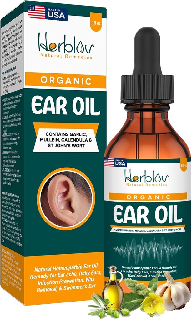 Óleo Orgânico de Orelha para Infecções de Orelha - Eardrops Natural para Prevenção de Infecção, Remoção de Orelha e Cera de Nadador - Crianças, Adultos, Bebê, Dog Earache Remedy - com Mullein, Alho, Calendula, Made in USA