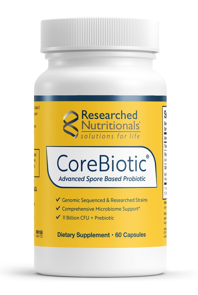 Nutricionais pesquisados Gut Suplementos de Saúde com Prebióticos & Probióticos para Mulheres & Homens - CoreBiotic - 3 Esporos Based Probiótico Strains + Fibra Prebiótica Orgânica - prateleira-estável (60 Cápsulas)