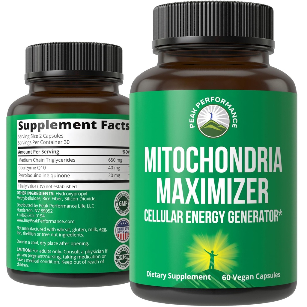 Mitocondria Maximizer com CoQ10 e ativo PQQ. Melhor suplemento de suporte mitocondrial com óleo MCT. Gerador Celular Natural para Energia Limpa, Focada 60 Cápsulas Vegetarianas
