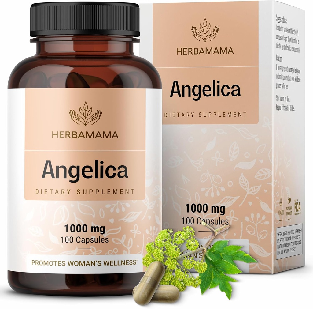 HERBAMAMA Dong Quai Supplement - 1000mg Angelica Raiz para Apoio Feminino - Dong Quai Powder Cápsulas - Vegan, Não-GMO Angelica Herb Antioxidante Suplemento para Mulheres