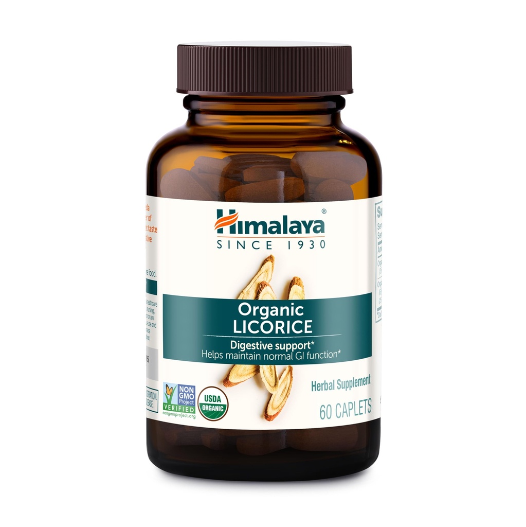 Himalaia Alcaçuz Orgânico, Suprimento de 60 dias - Suplemento de saúde digestivo para alívio estomacal e inchaço ocasional e azia - USDA Orgânico, Vegan, Não-GMO, Não-DGL, Gluten Free, 60 Caplets