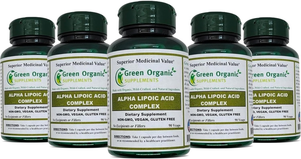 Complexo de Ácido Alfa Lipóico dos Suplementos Orgânicos Verdes, ALA, 90 VCaps Cápsulas de Ácido Lipóico Alfa (Pacote de 5)