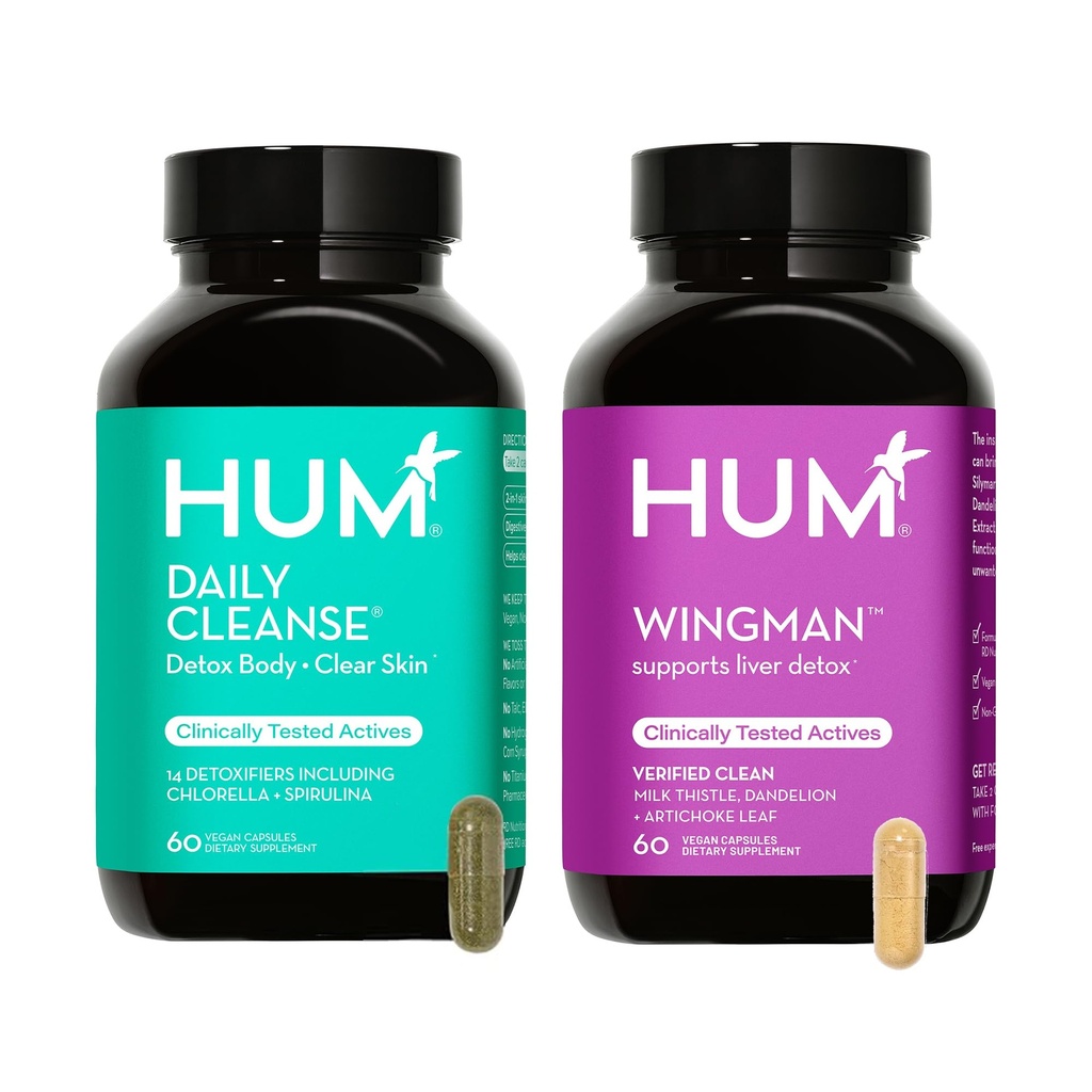 HUM Full Skin and Liver Health Supplement from Nutrition, Wingman and Daily Cleanse A Green Detox & Milk Thistle for Skin Care Support and Liver Health, 2 Pack Bundle, 60 Cápsulas Vegan