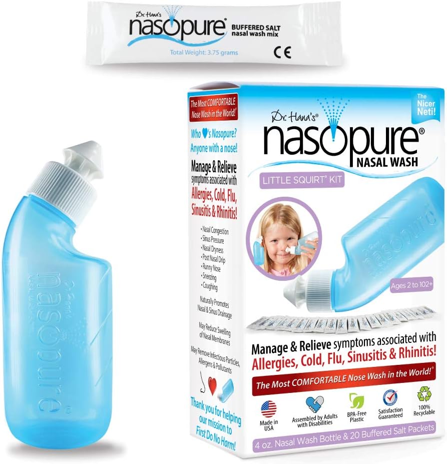 Nasopure Nasal Wash, Little Squirt Kit, “The Nicer Neti Pot” Sinus Wash Kit, confortável Nasal Rinse 4 Oz Garrafa e 20 pacotes de sal (3.75 gr cada), Congestão nasal, Frio, Alergia, Irrigação nasal