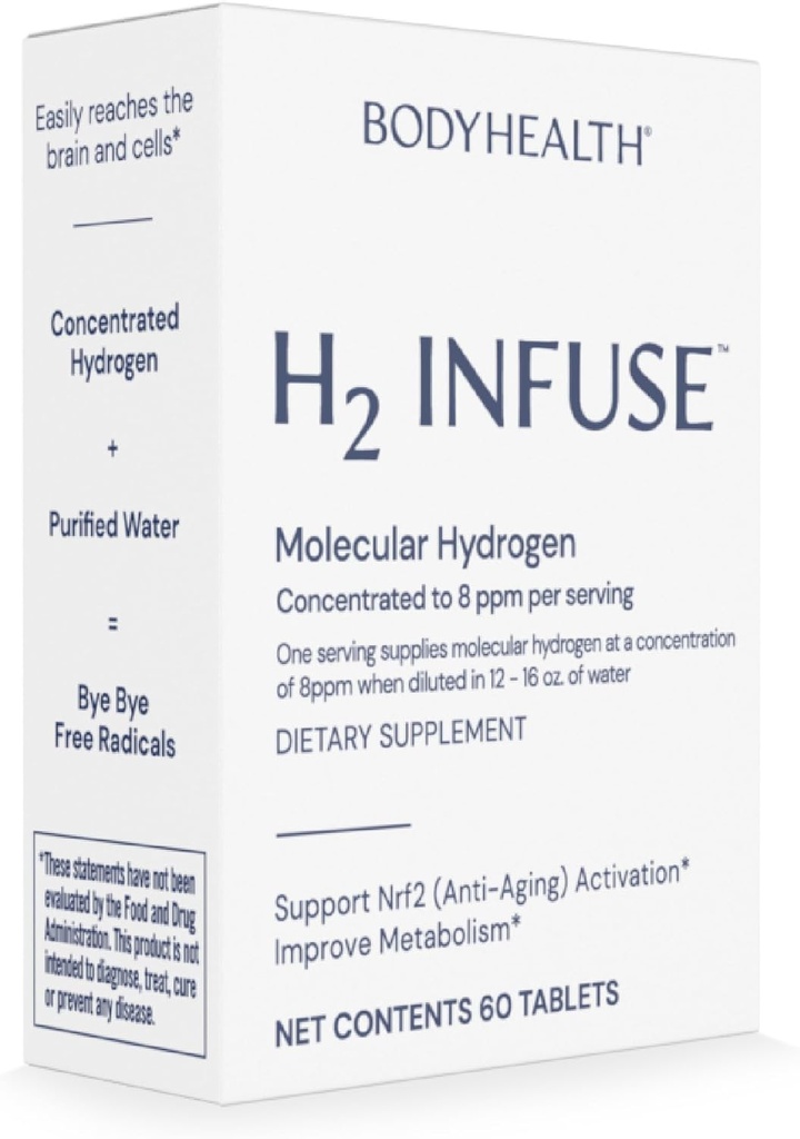 BodyHealth H2 Infundir Comprimidos Moleculares de Hidrogênio, Comprimidos para Beber Água, Magnésio Elementar para Suportar Metabolismo com Água Molecular de Hidrogênio - 60 Comprimidos