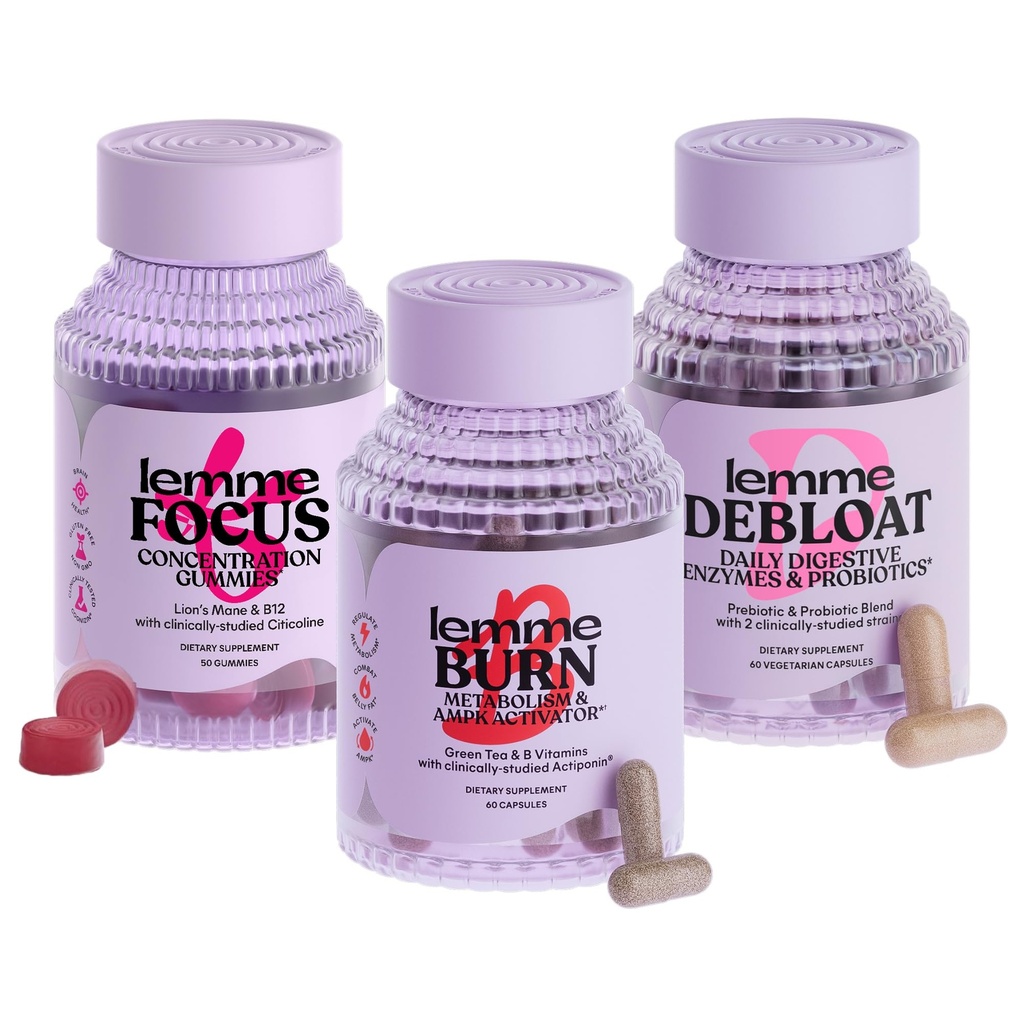 Lemme Burn, Debloat & Focus Bundle □ Metabolismo e queima de gordura + Bloating & Gas Relief Cápsulas + Foco & Gummies Saúde do Cérebro