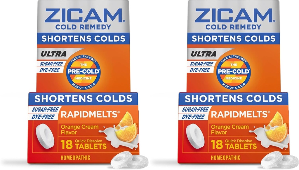 Zicam Ultra Cold Remedy Zinc Rapidmelts, sabor creme de laranja, homeopático, remédio de encurtamento frio, encurta a duração fria, sem açúcar, sem tingimento, 18 contagem (Pacote de 2)