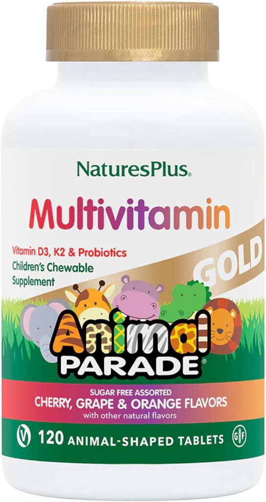 NaturezasPlus animal parada ouro Multivitamin infantil - Cereja sortida, laranja & sabores de uva - 120 Animal-Shaped comprimidos mastigáveis, Pacote de 4 - Vegan, Gluten Free - 240 Total Servings