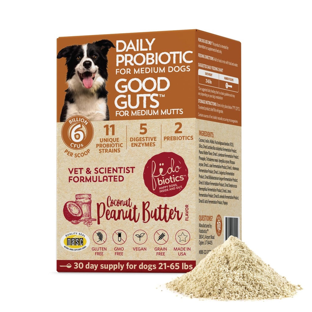 Fidobióticos Boa guts para Mutts médios Probiótico para cães, 6 bilhões de UFCs, 11 Strains, 5 Enzimas Digestivas, 2 Prebióticos, Saúde Digestiva Gut para cães, Adulto e Filhotes Probióticos Suplementos (30 dias)