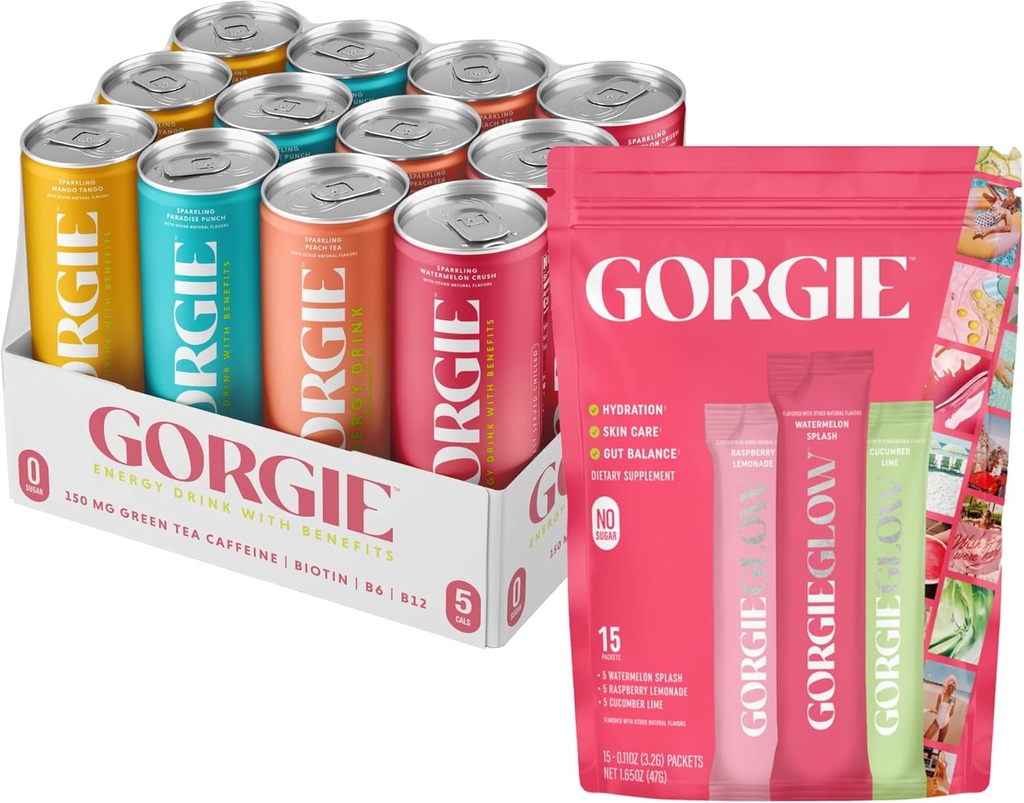 GORGIE Variety, Bebida de energia natural sem açúcar e Glow Variety Pack 15, Electrolyte pó saudável bebida Mix