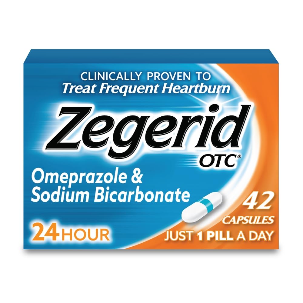 Zegerid OTC, 24 horas de alívio da azia, remédio de refluxo ácido e antiácido, trata azia freqüente, omeprazol 20mg + bicarbonato de sódio, inibidor da bomba de prótons (PPI), 42 cápsulas