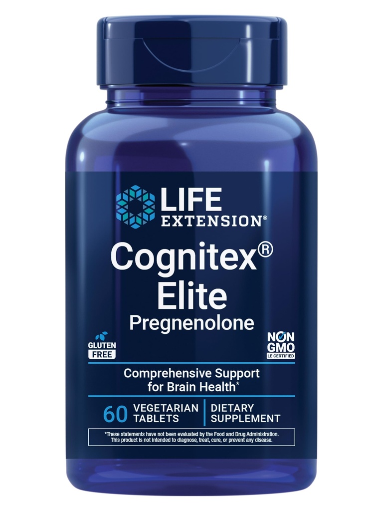 Extensão de vida Cognitex® Elite Pregnenolona, sálvia, mirtilo, ashwagandha, fosfatidilserina, Fórmula avançada, Atenção, Foco, Memória, Sem glúten, Não-GMO, Vegetariano, 60 Comprimidos