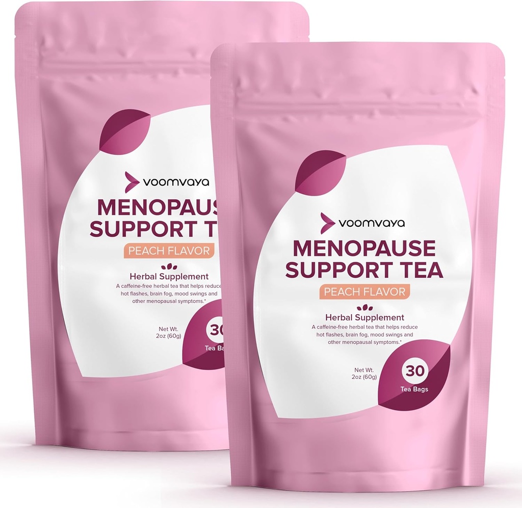 VoomVaya Economize 10% no pacote de 2 pacotes de chá de apoio da menopausa - alívio natural da menopausa para as mulheres w / Red Clover & Cohosh preto - suores noturnos & alívio de flashes quentes - flavor de pêssego - 90 bolsas de chá