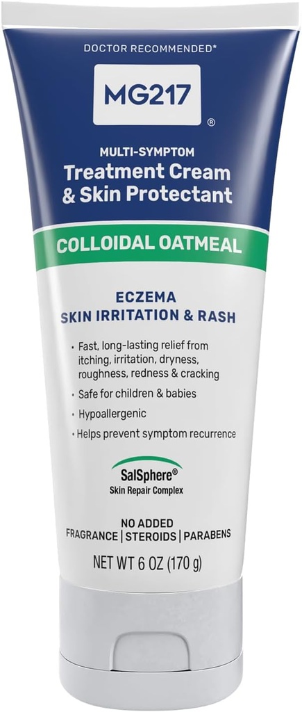 MG217 Creme Corpo Eczema com 2% de farinha de aveia coloidal, alívio calmante para pele seca, coceira e irritada, crueldade, esteróide e hidratante sem fragrância, tubo de 6 oz