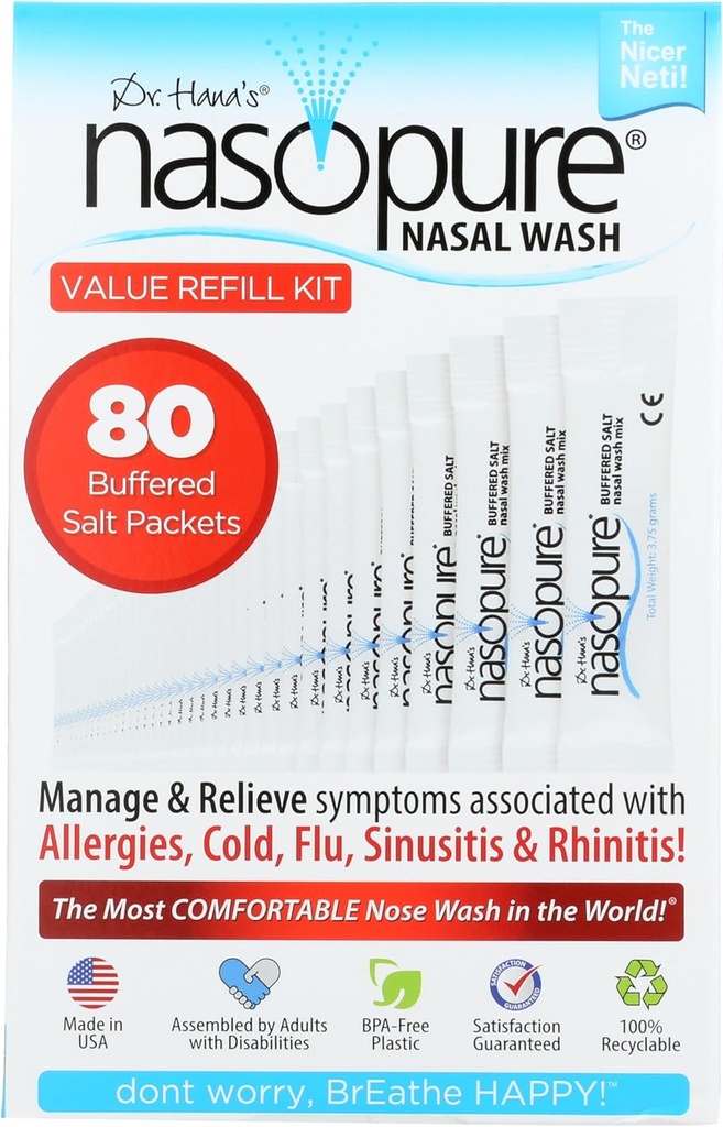 Nasopure Nasal Wash, Value Refil Kit, “The Nicer Neti Pot” Sinus Wash Kit, confortável Nasal Ringe 80 pacotes de sal (3.75 gramas cada), Congestão nasal, Frio, Gripe, Alergia, Sistema de Irrigação nasal