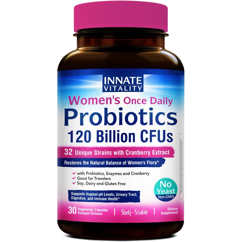 Vitalidade inata Probióticos femininos, 120 bilhões de UFC, 32 Strains testados, Probióticos para as mulheres, Controle de Levedura, Suporte de pH vaginal, Prebióticos, Enzimas Digestivas, Cranberry, Uma vez diariamente 30 Cápsulas Veggie