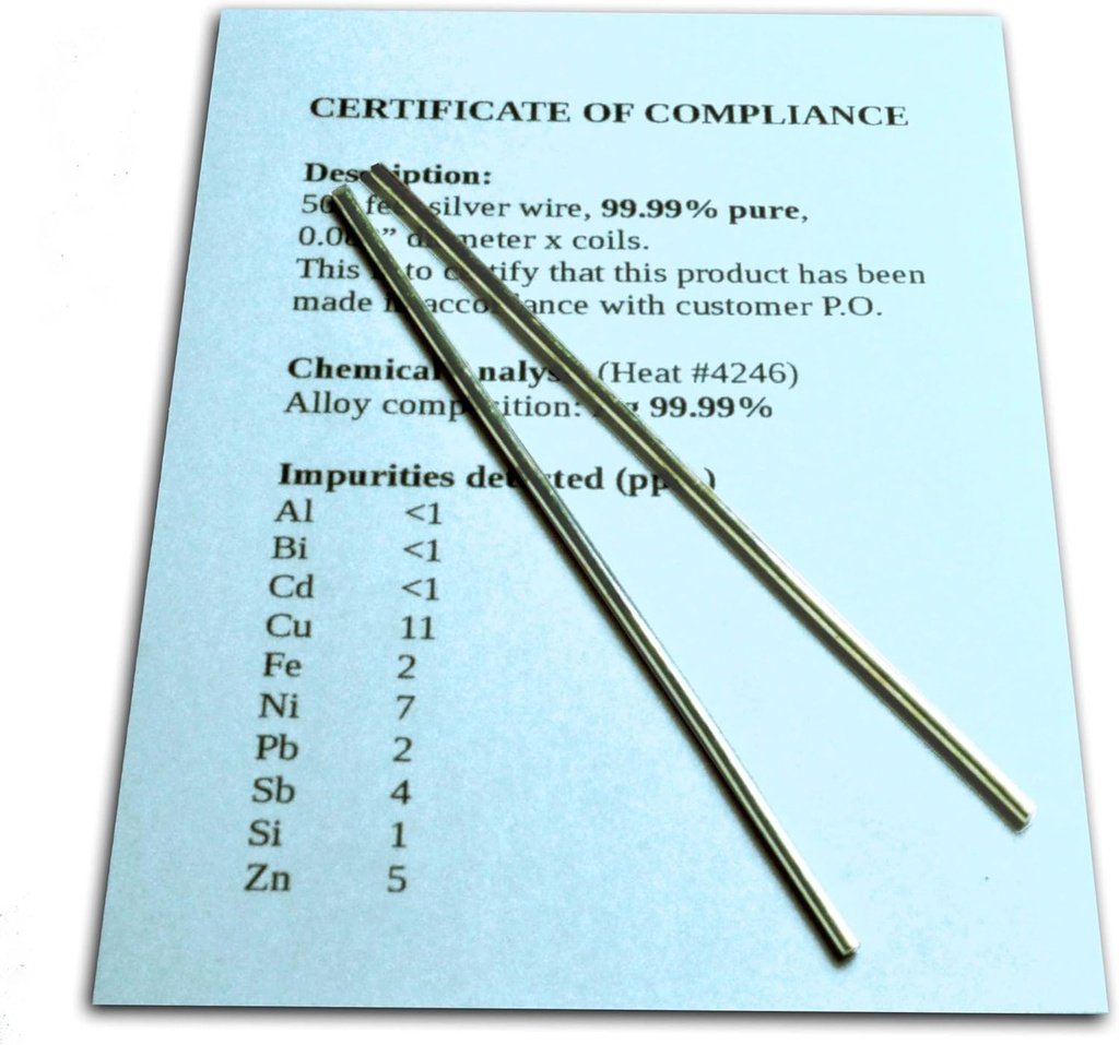 Fio de gerador de prata coloidal Garantido 99,99% Puro - Conjunto de (2) 4" Rods de eletrodo 12-Gauge (0,08 pol. / 2,06 mm) com Certificado de Compliance / Análise Química Completa de Composição de Liga