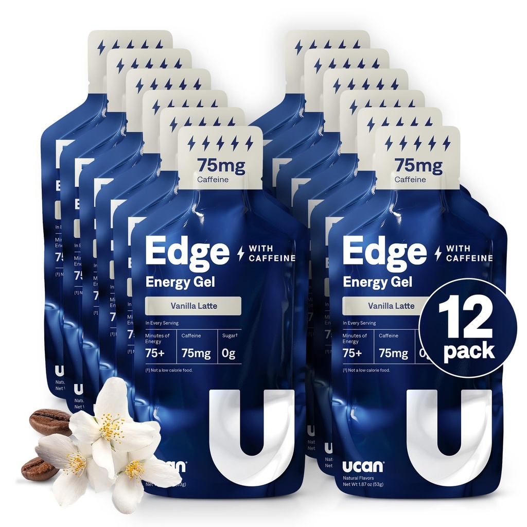 UCAN Edge Energy Gel shots, Vanilla Latte + Cafeína (12, 2 Pacotes de Onça) para correr, Treinamento, Treino, Fitness, Ciclismo, Crossfit, Livre de açúcar, Vegan, & Keto Friendly Energia