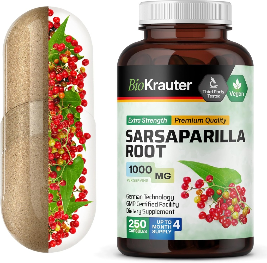 BIO KRAUTER Sarsaparilla Raiz Cápsulas - 1000 mg de força - 250 Vegan Sarsaparilla Extract Caps - Sem preenchimentos