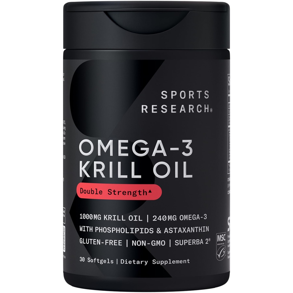 Sports Research Krill Oil Supplement with EPA & DHA Omega 3, Phospholipids & Astaxantina from Antártico Krill - Maior Concentração de Óleo de Krill para Homens e Mulheres - 1000mg, 30 Cápsulas Softgel