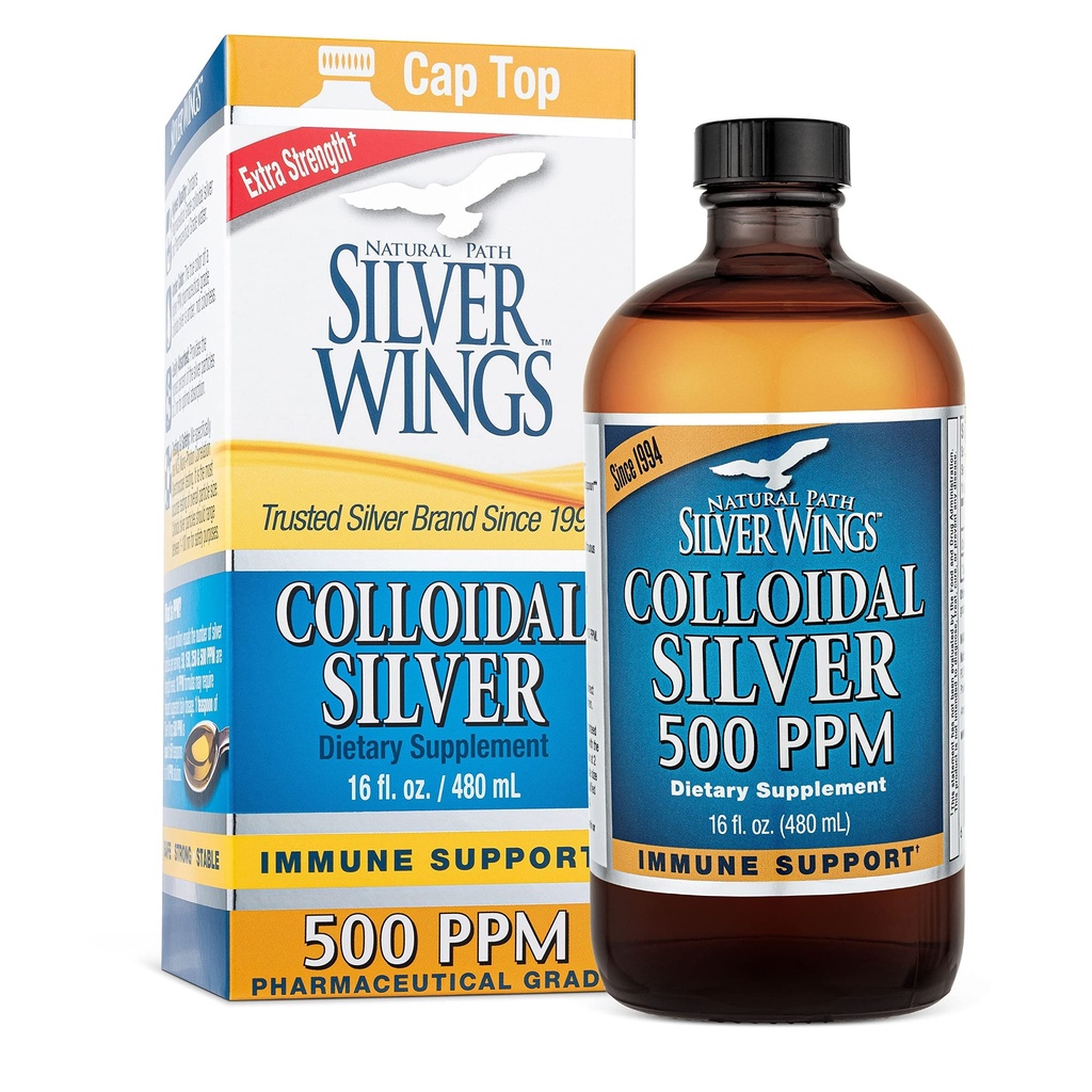 Caminho natural Asas de prata Prata coloidal 500ppm (2,500mcg) Imune Suporte Suplemento 16 fl. oz.