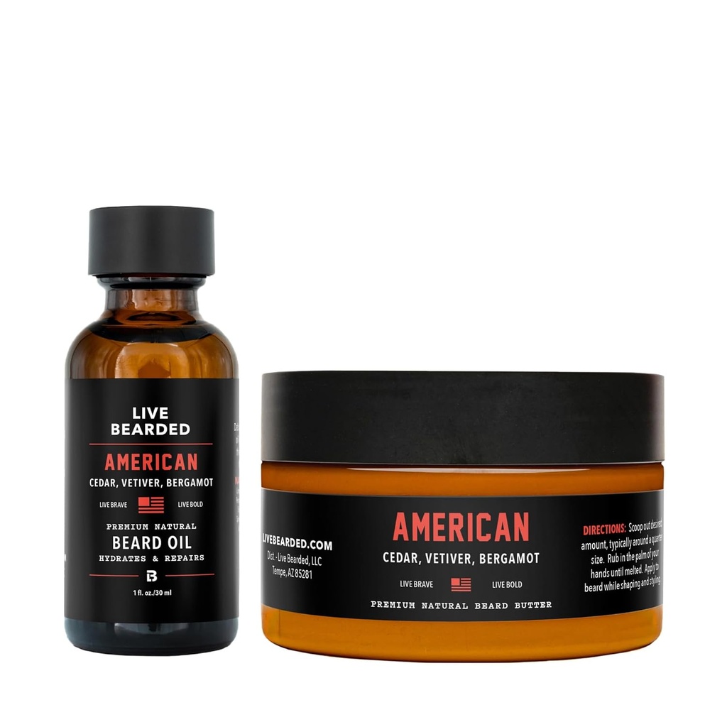 Live Beard Oil and Butter Grooming Kit - Made in the USA - All-Natural Ingredients with Shea, Argan, Jojoba - Apoio ao Crescimento - American Scent - Cedar, Vetiver, Bergamot