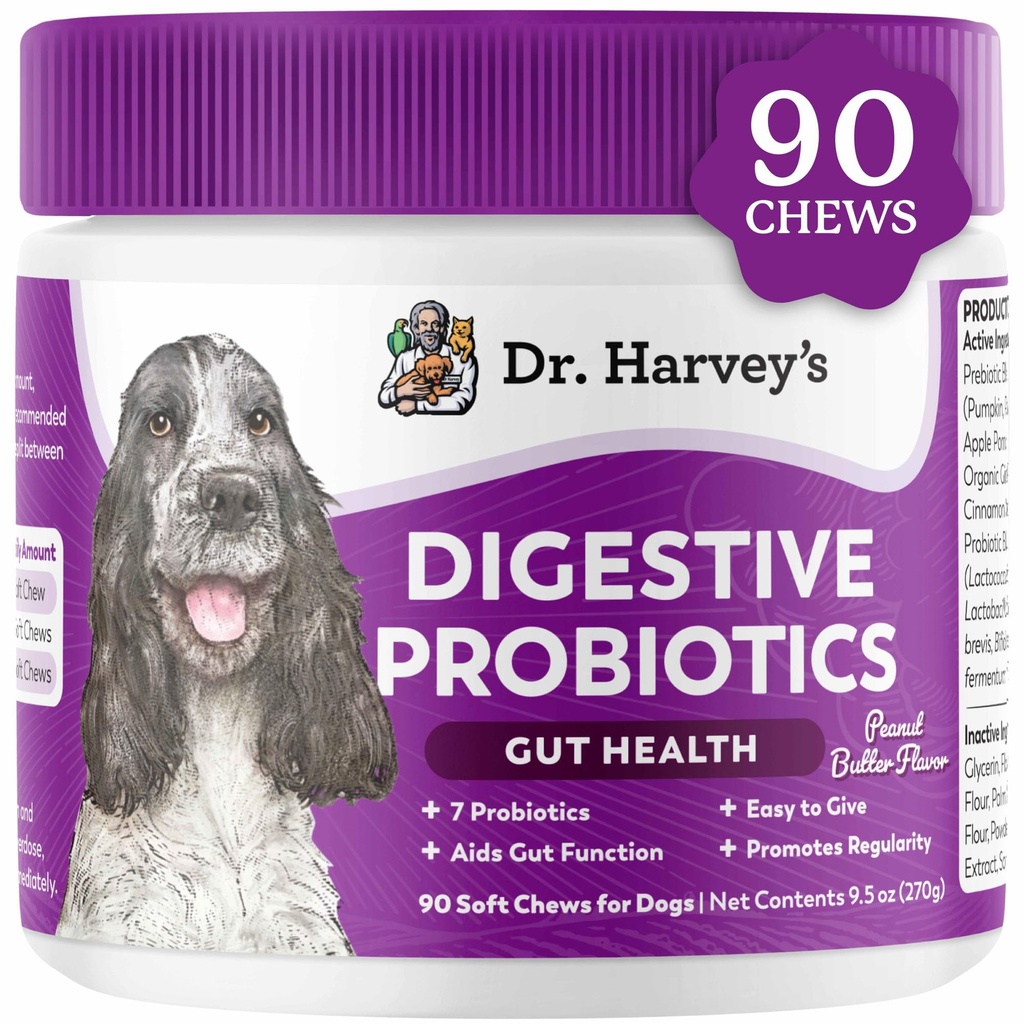 Dr. Harvey's Digestive Probiótico mastiga suave para cães, 9 Probióticos para Gut Health, Diarréia e Bowel Support, Peanut Butter Flavor (90 Chews)