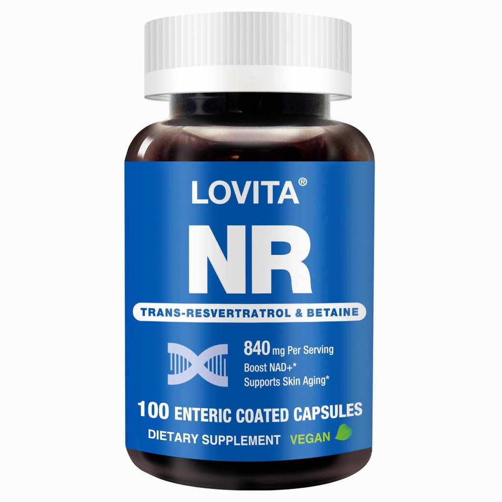 Lovita NR (Nicotinamida Riboside) 840 mg, NAD Suplemento com Trans-Resveratrol e Betaine, Promover níveis NAD Plus, Envelhecimento saudável, 100 cápsulas entéricos Vegan