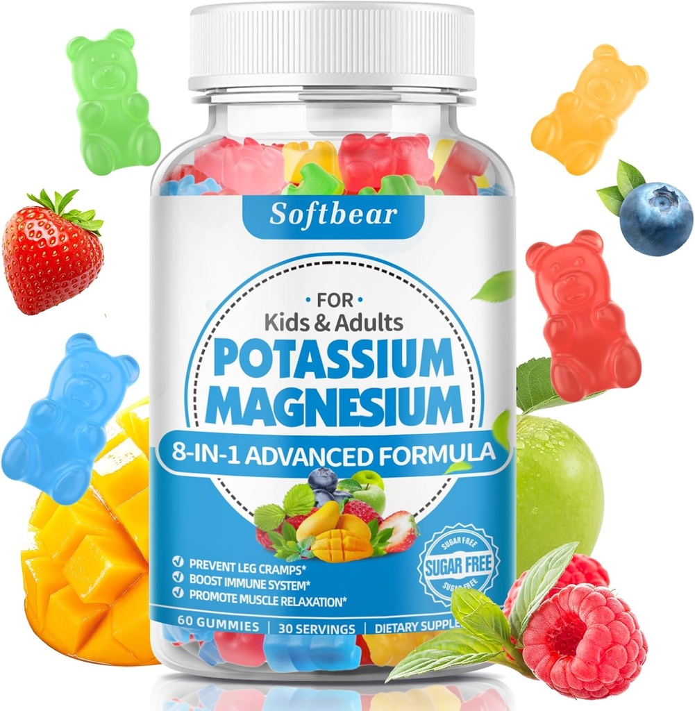 Pastilhas de potássio para adultos, Suplemento de magnésio de potássio de alta absorção com vitamina B6 CoQ10 para Cães Pernas & Músculo Saúde Açúcar-Free Vegan Fruta Misturada Sabor 60 Gummies