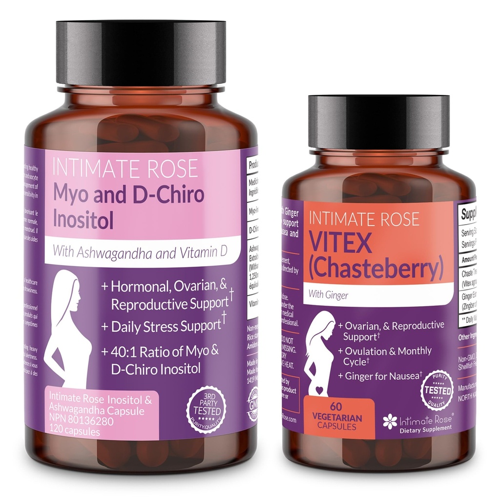 Conjunto de equilíbrio hormonal feminino da rosa íntima – Myo-Inositol & D-Chiro Inositol + Vitex Chasteberry – Saúde reprodutiva e suplementos de suporte menstrual