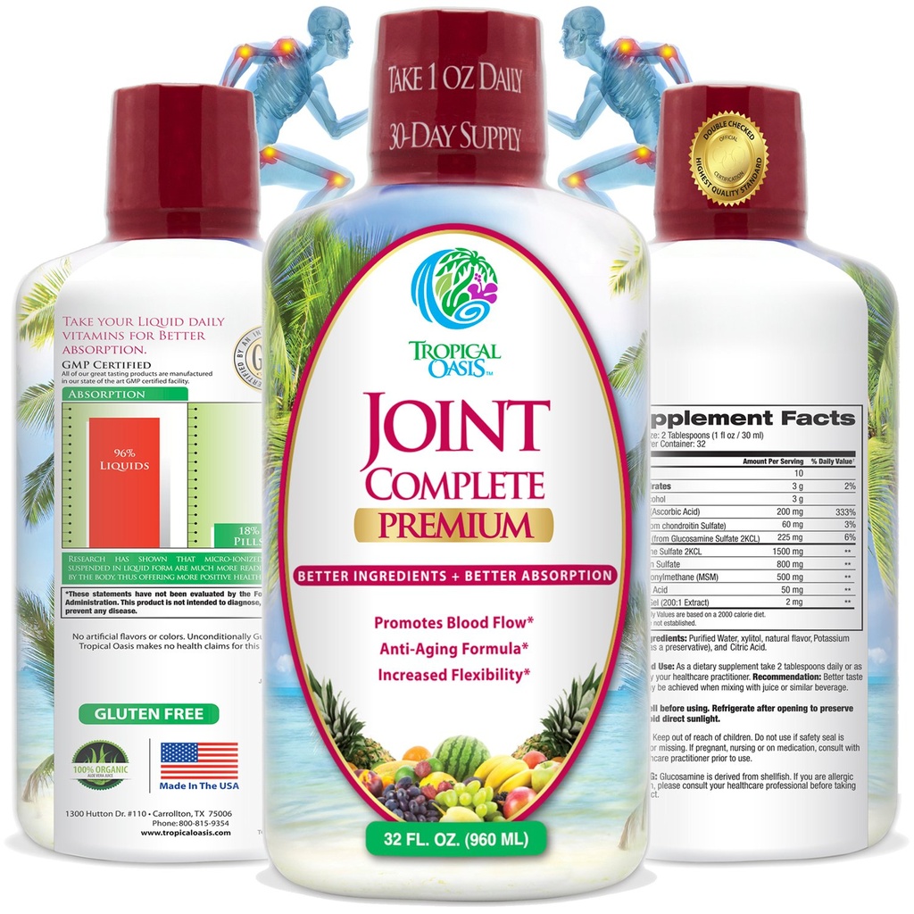 Tropical Oasis Joint Complete Premium - Liquid Joint Supplement with Liquid Glucosamine Sulfate, Chondroitina, HSH & Ácido Hialurônico - 96% Max Absorção - 32 oz, 32 serv, 33484