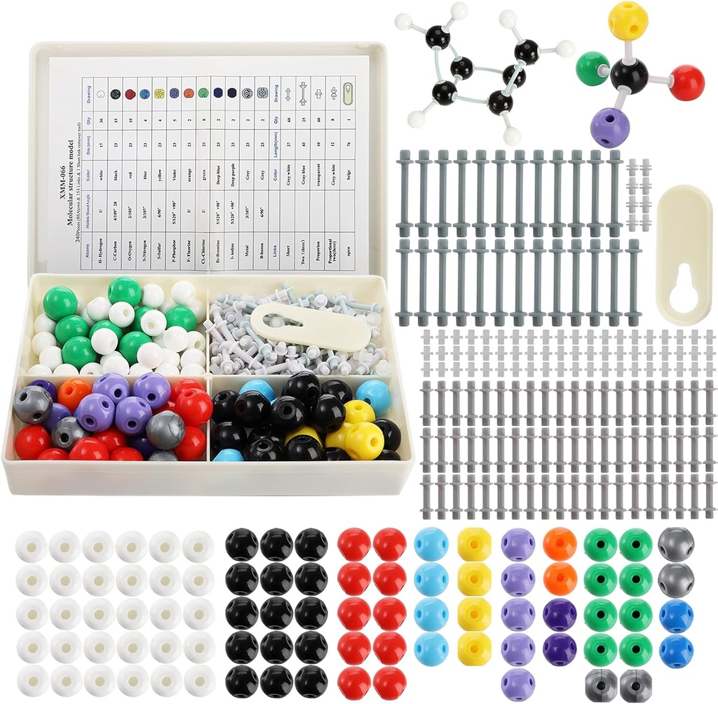 YOPAY 240 Peças Modelo Molecular Kit, Química Orgânica e Inorgânica Modelo de Estrutura Molecular, 86 Átomos e 153 Links e 1 Ferramenta de Remover Link Curto