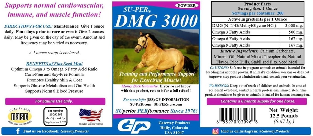 SU-PER DMG 3000 Horse Supplement - Treinamento e suporte de desempenho Pó - Suporta Imune cardiovascular normal e função muscular - 12,5 libras, 6 meses de fornecimento