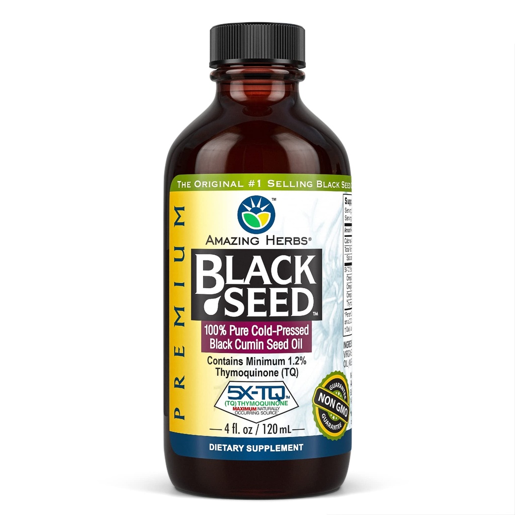 Amazing Herbs Premium Black Seed Oil - Gluten Free, Non GMO, Frio Pressed Nigella Sativa Aids em Saúde Digestiva, Suporte Imune, Função Cérebro - 4 Fl Oz