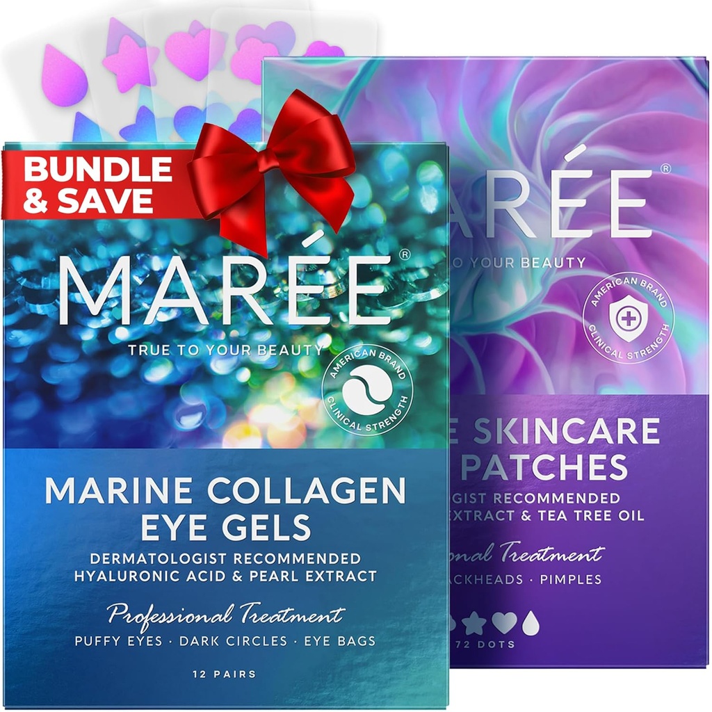 MAREE Eye Gels & Acne Сlearing Devices Bundle - Sob Geles Oculares para Olhos Puffy e Círculos Escuros, Dispositivo de Terapia Hidrocolóide Acne - Colágeno Marinho & Ácido Hialurônico, Extrato de algas verdes e óleo de árvore de chá