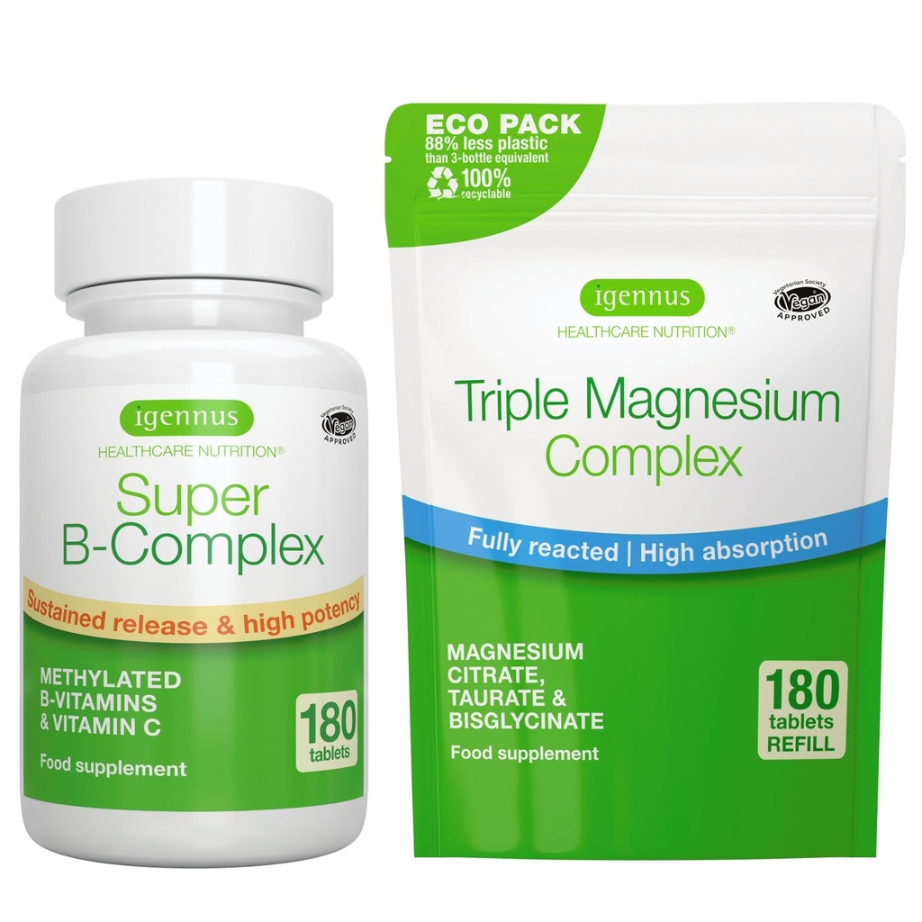 Super B-Complex 180 Comprimidos + Triplo Magnésio Complexo 180 Comprimidos Vegan Bundle, Metilado Mantido Liberação B Complexo + Alta Absorção Quelated Magnésio Glycinate, Taurate & Citrato, por Igennus