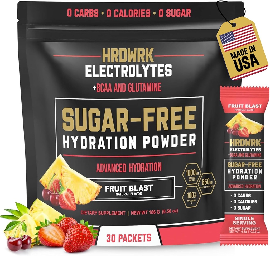 HRDWRK Eletrólitos em pó Embalagens com Magnésio, Potássio de Sódio, Keto Hydration - BCAA Eletrólitos em pó Embalagens com Glutamina, 30 Eletrólitos em pó Embalagens de Açúcar Livres (Fruit Blast)