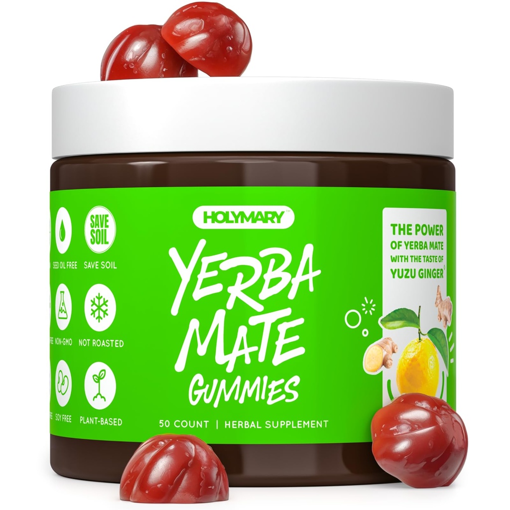 Gummies Yerba Mate - Yuzu & Ginger Flavor for Energy, Focus, Imunidade & Cardio Saúde - Vegan, Não-GMO, Gluten-Free - 50 Gummies Suplemento Natural