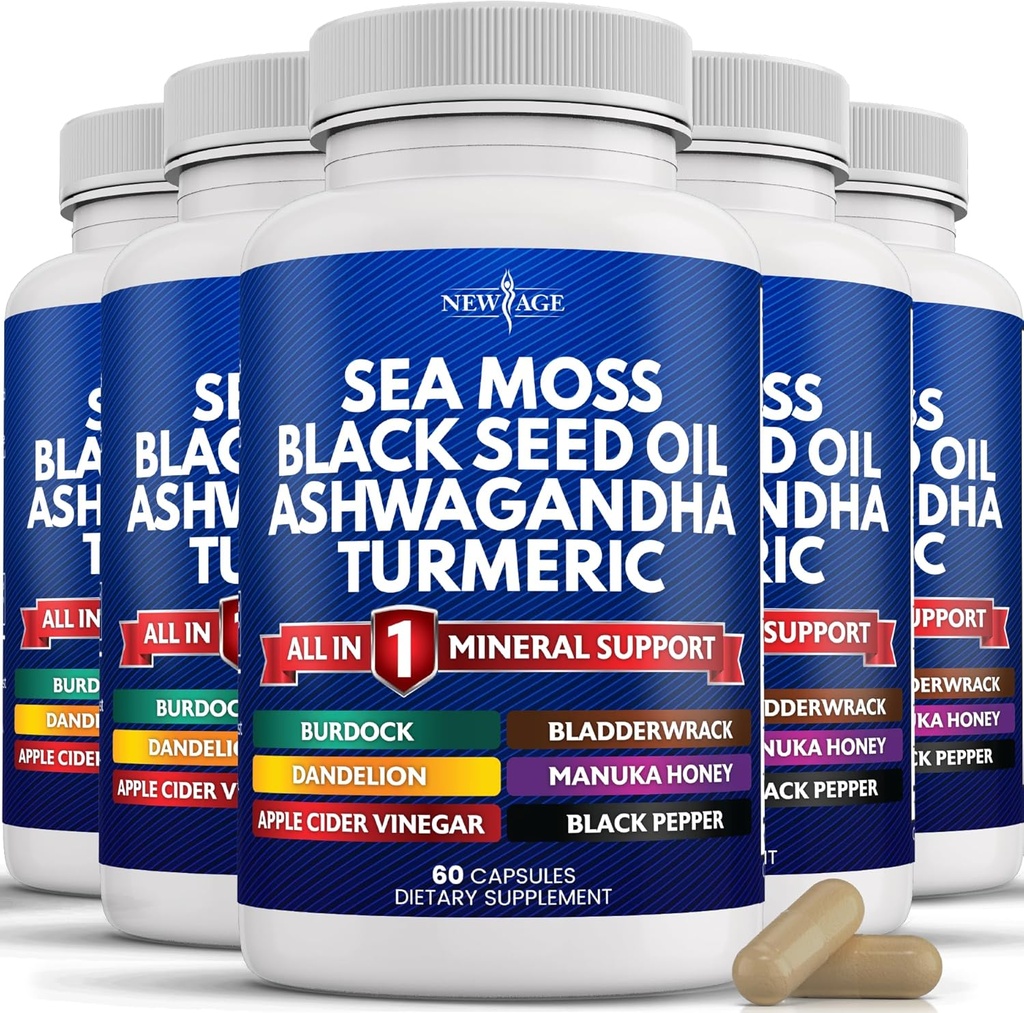 NOVA IDADE Sea Moss Black Seed Oil Ashwagandha Turmeric Bladderwrack Burdock - com Manuka, Mel Dandelion, ACV Black Pepper Gluten Free